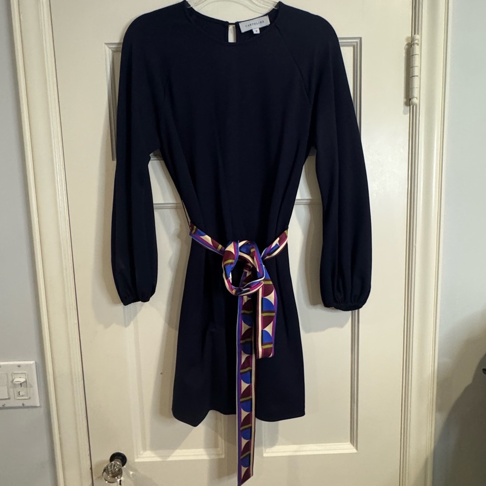 Elegant Navy Midi Dress with Colorful Belt